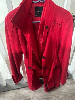 Zara Red Wool-Blend Pea Coat with Belted Detail